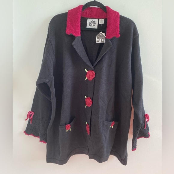 Storybook Knits Black and Red Rose Bead Cardigan Sweater Size 3X New W/ Tag - Picture 1 of 10